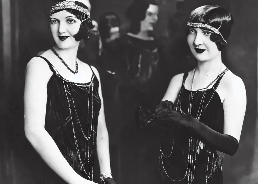 Image similar to a 1 9 2 0 s flapper woman extending her hand in black satin gloves toward the camera, looking at the camera with a smirk, as a jazz party with people dancing is happening in the background behind her in a dimly lit speakeasy, circa 1 9 2 4, depth of field, in the style of edward hopper