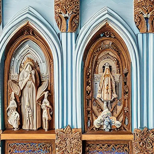 Prompt: intricate colorfully painted carved soapstone relief paneling, white and pale blue, celestial, ghostly, cathedral, insanely detailed, depiction of the saints