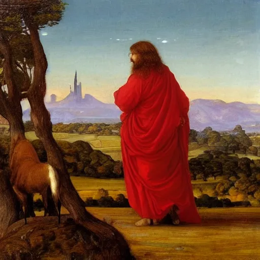 Prompt: beautiful pre - raphaelite painting of a man in medieval clothing embracing a llama at dawn with a castle in the distance.