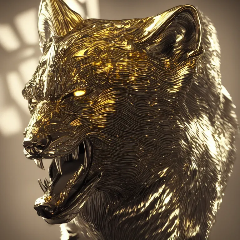 Image similar to chrome and gold wolf, glossy, metallic, neon, symmetrical, tribal patterns, realistic, unreal engine, octane, redshift, artstation, behance