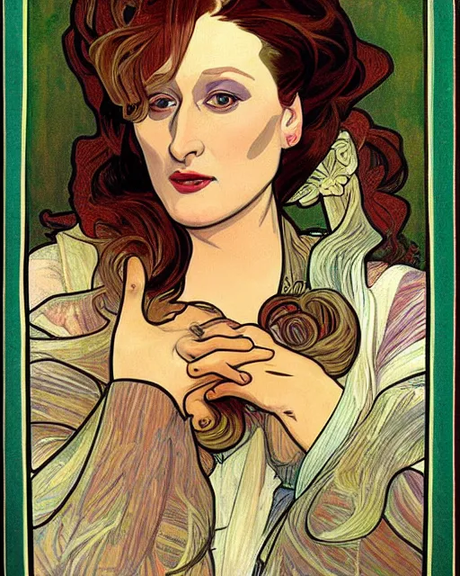 Image similar to a portrait painting of ( ( ( meryl streep ) ) ) in the style of alphonse mucha!!!