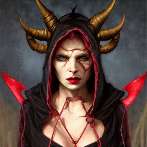 Image similar to masterpiece portrait of a clothed hooded surly and resentful female tiefling thief with red skin black sclera and horns under the hood, by Greg Rutkowski and John Collier and Krenz Cushart and Artem Demura and Alphonse Mucha and Albert Aublet, as seen on ArtStation, 4k, dungeons and dragons, very aesthetic, very detailed, intricate, unreal, fantasy, dramatic, painterly, artstation, sharp focus, smooth