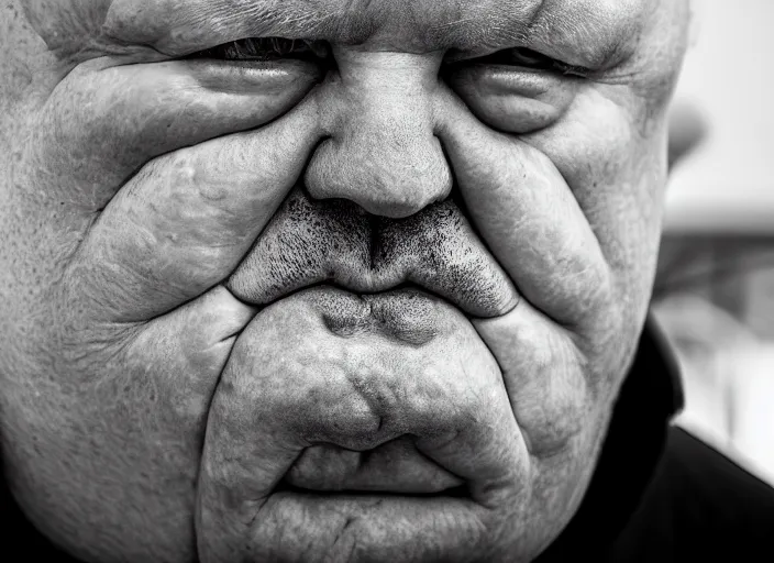 Image similar to high resolution black and white portrait with an 8 0 mm f / 4. 4 lens of a fat 7 0 year old intelligence agent looking very serious with a face like he is guarding a secret.