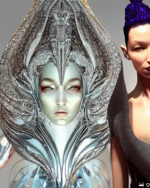 Image similar to a highly detailed metahuman 4 k close up render of an alien goddess bella hadid as alien in iris van herpen dress schiaparelli in diamonds crystals swarovski and jewelry iridescent in style of alphonse mucha gustav klimt trending on artstation made in unreal engine 4