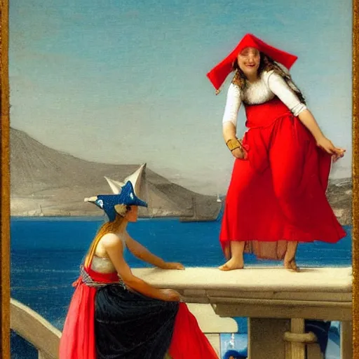 Prompt: A girl with jester hat and clothes on a greek circle archi on the front of a Balustrade with a beach and a sail boat on the background, night night night night night, major arcana cards, by paul delaroche and arnold böcklin hyperrealistic 8k, very detailed