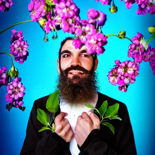 Image similar to a portrait of a man with flowers in the beard, roses peonies forget-me-nots dahlias lupins gladioli, sky theme in background, 35mm Photograph, 4K Resolution, Astrophotography, Digital Art, Trending on artstation