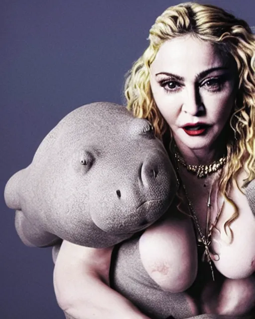 Prompt: singer Madonna as an anthropomorphic Hippo, photorealistic, photographed in the style of Annie Leibovitz