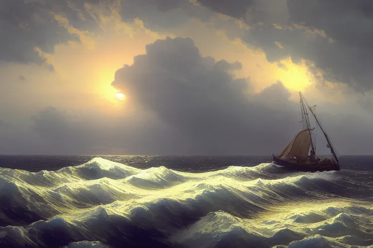 Prompt: a sunset and heavy sea in style of Aivazovskiy, hypermaximalistic, high details, cinematic, 8k resolution, beautiful detailed, insanely intricate details, artstation trending, octane render, unreal engine,