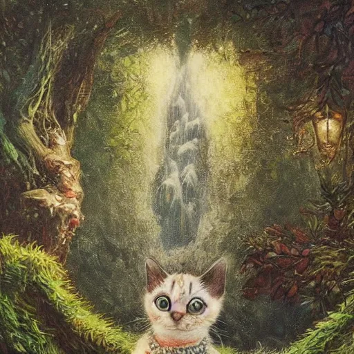 Image similar to painting of one kitten in the enchanted forest standing on the steps and watching the waterfall, fantasy, intricate, extremely detailed, matte, featured in artstation, art by louis wain, greg rutkowski