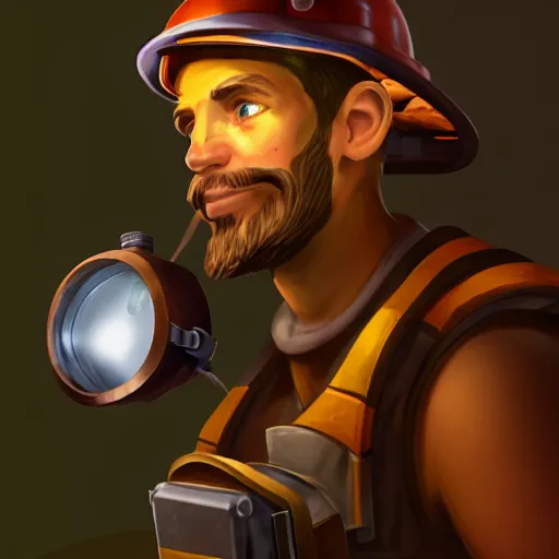 Image similar to portrait of a miner with headlamp as a character in the game League of Legends, dimly lit tunnel, detailed rugged face, old 3d graphics