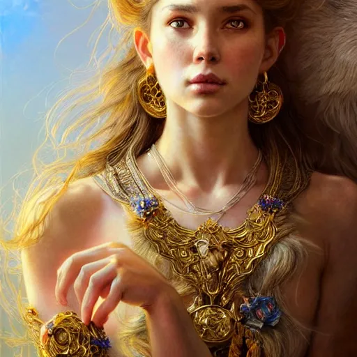 Prompt: highly detailed full portrait of a enchanted lioness in the form of a beautiful young princess. d & d, art by artgerm and greg rutkowski and donato giancola and ruan jia and carl larsson and magali villeneuve. trending on artstation, intricate details, energetic composition, golden ratio, concept art, illustration, elegant art