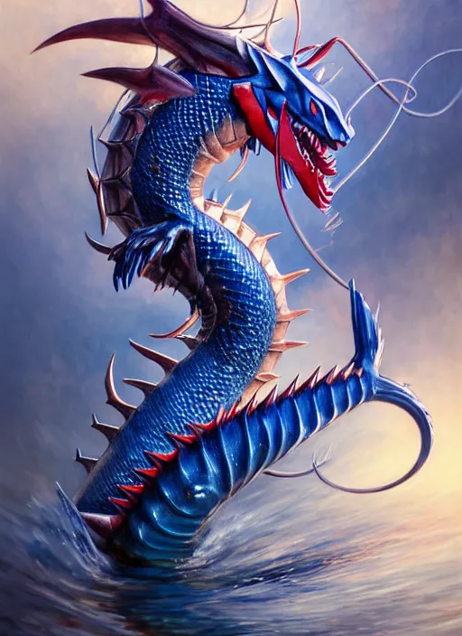 Image similar to a real life gyarados pokemon, diffuse lighting, fantasy, intricate, elegant, highly detailed, lifelike, photorealistic, digital painting, artstation, illustration, concept art, smooth, sharp focus, art by john collier and albert aublet and krenz cushart and artem demura