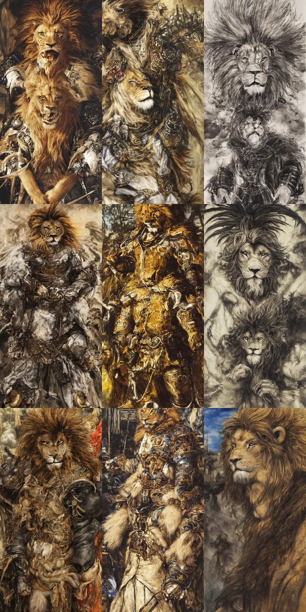 Image similar to 8 k yoshitaka amano painting of upper body of a young cool looking lion beastman with white mane at a medieval market at windy day. depth of field. he is wearing complex fantasy clothing. he has huge paws. renaissance style lighting.