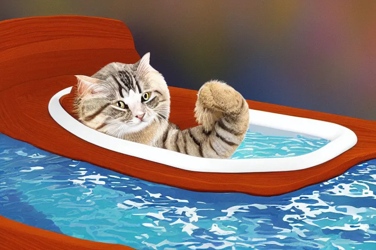 Image similar to a smug cat in a hot tub, digital art