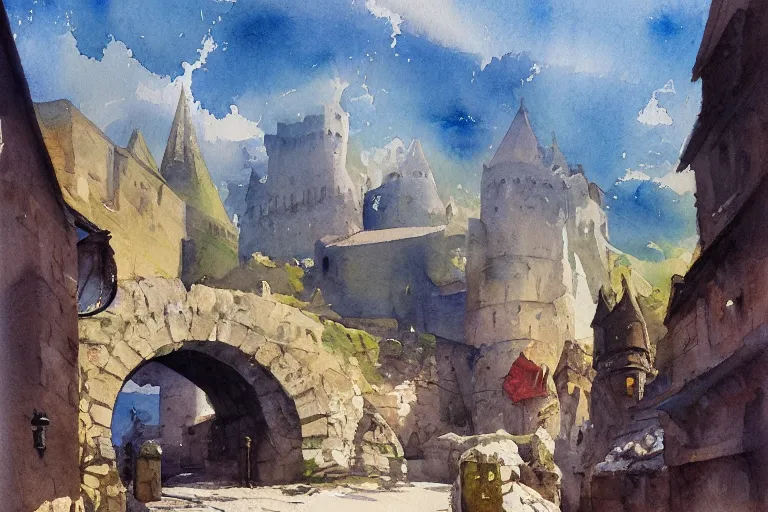 Prompt: small centered on watercolor paper, paint brush strokes, abstract watercolor painting of medieval city entrance, outside stone walls, rough rock, heavy port, cinematic light, national romanticism by hans dahl, by jesper ejsing, by anders zorn, by greg rutkowski, by greg manchess, by tyler edlin