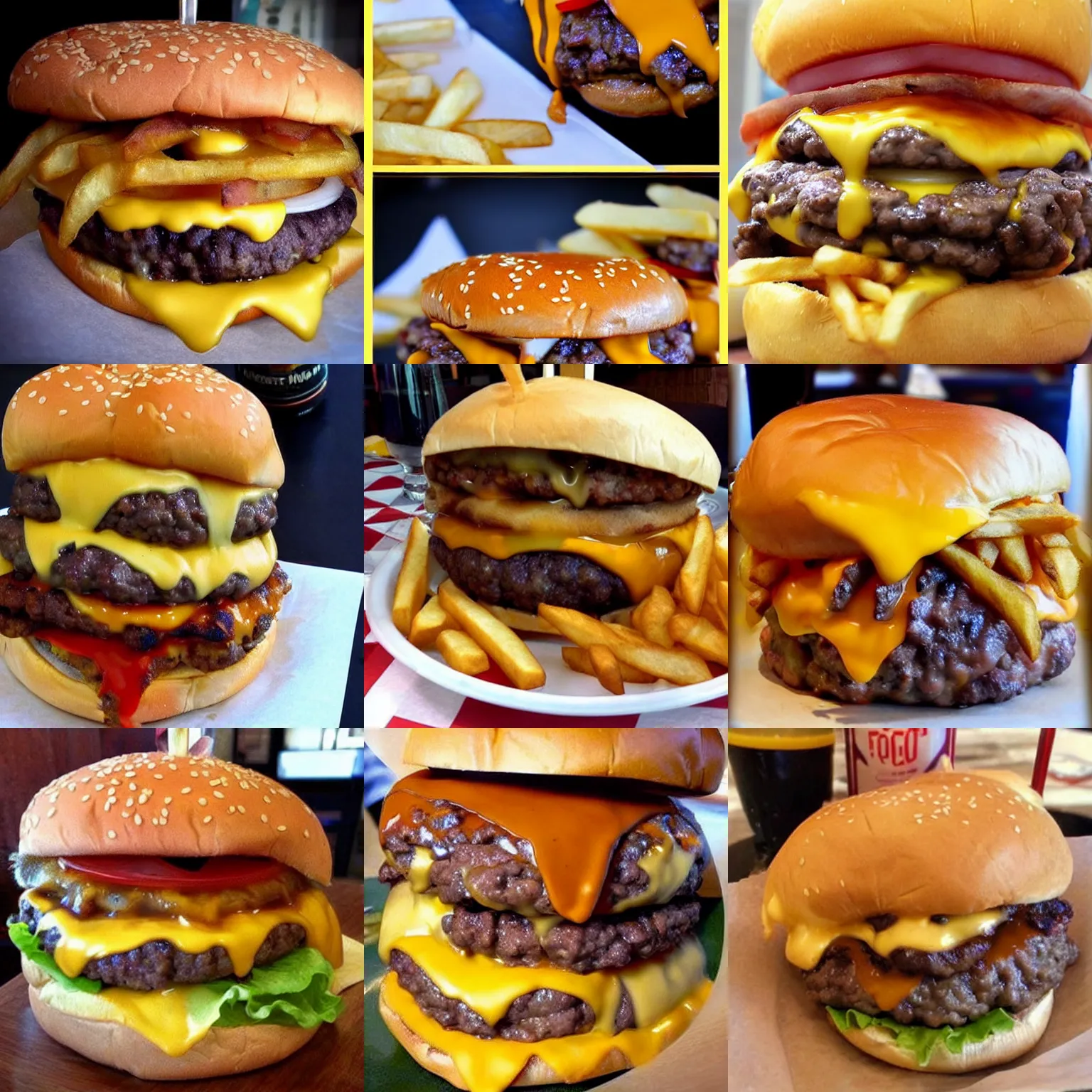 Prompt: perfect fat double cheeseburger with fries everything on it. this picture makes me so unbelievably hungry