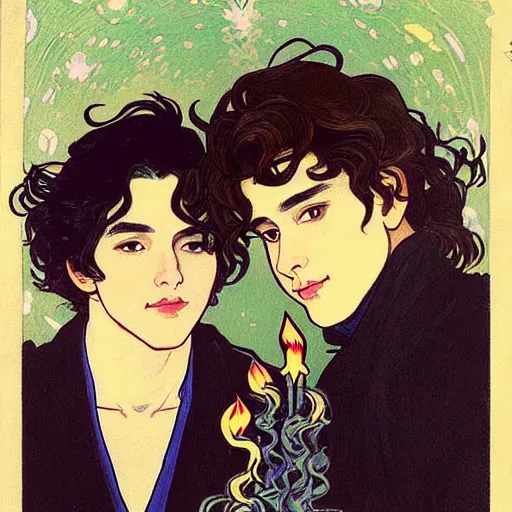 Image similar to painting of young cute handsome beautiful dark medium wavy hair man in his 2 0 s named shadow taehyung and cute handsome beautiful min - jun together at the halloween! party, bubbling cauldron!, candles!, smoke, autumn! colors, elegant, wearing suits!, delicate facial features, art by alphonse mucha, vincent van gogh, egon schiele