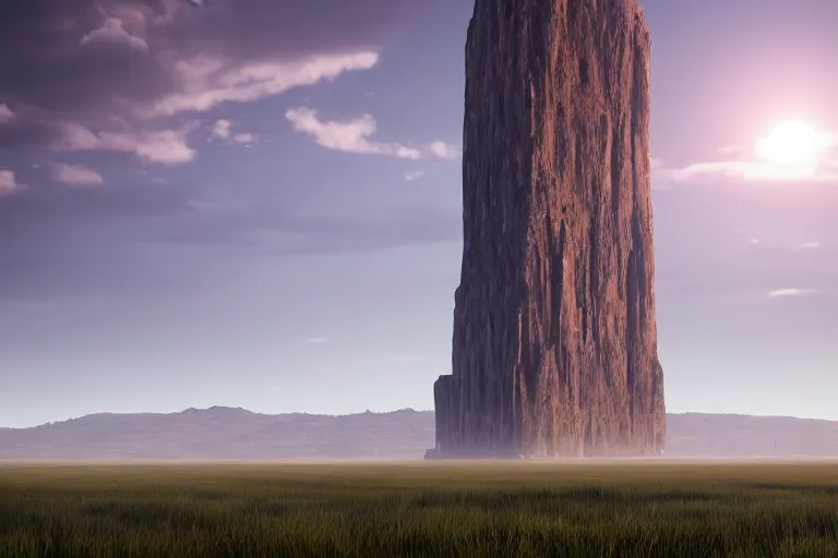 Image similar to a cinematic photograph of a enormous monolith in the middle of a vast serene landscape, rivers and fields run through the landscape and the sun rises over the hilltops, hyper realistic, unreal engine 5, by beeple