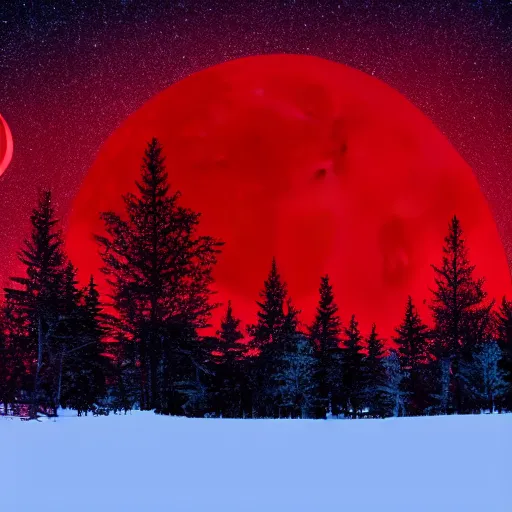 Image similar to vivid landscape with big trees under a red moon