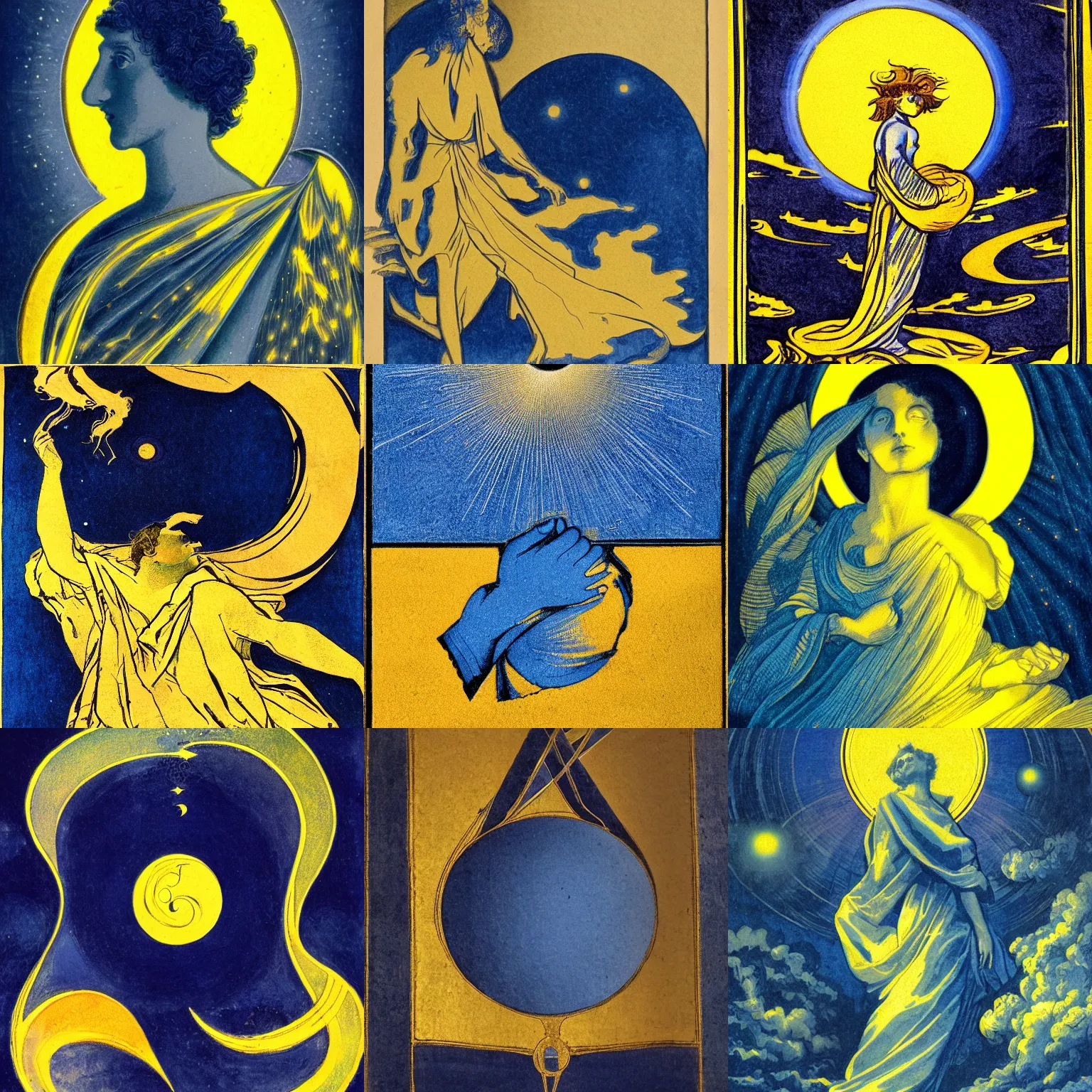 Prompt: god storing a leftover universe in a cloth bag, contre - jour, prussian blue and azo yellow, rich details, luminous, ethereal, art nouveau illustration, chiaroscuro