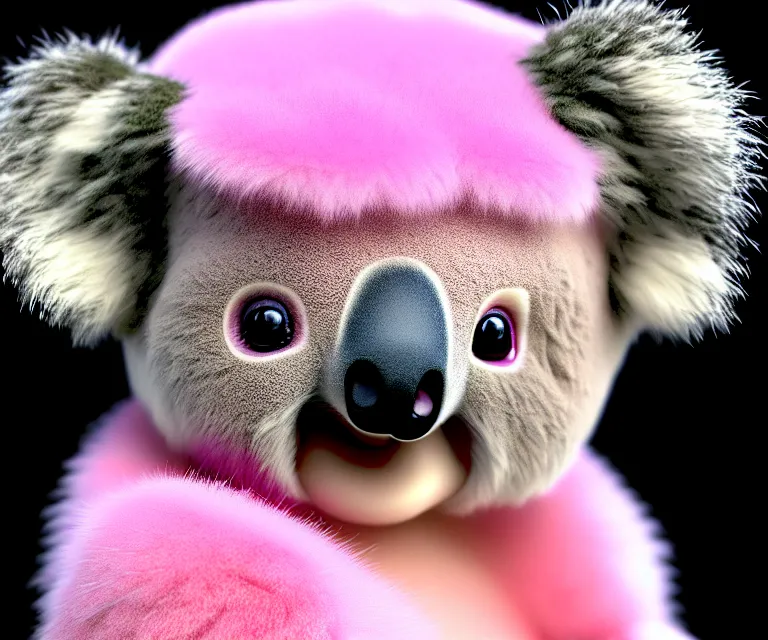 Image similar to high quality 3 d render hyperrealistic very cute small koala, plush mascot, short spiky dense fluffy smooth hair, photo from the side, pink fluffy fur, 1 5 0 mm, beautiful natural soft light, rim light, vray, smooth background, artstation, ultra detailed