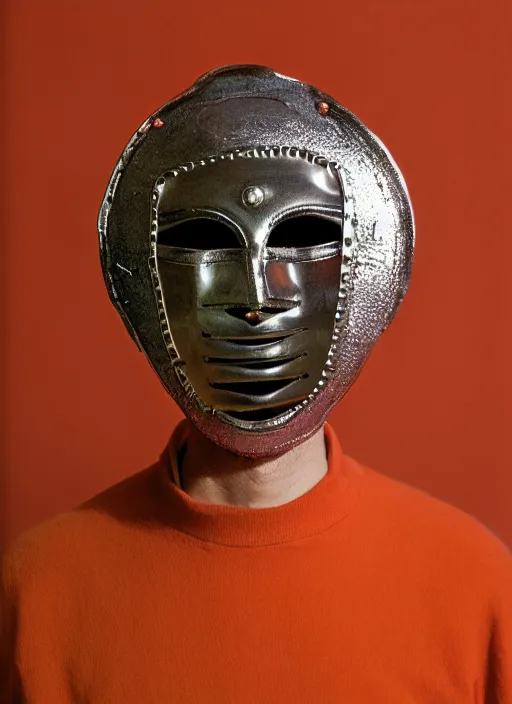 Prompt: a fashion portrait photograph of a man wearing a round metal mask designed by joseph albers, 3 5 mm, color film camera, pentax