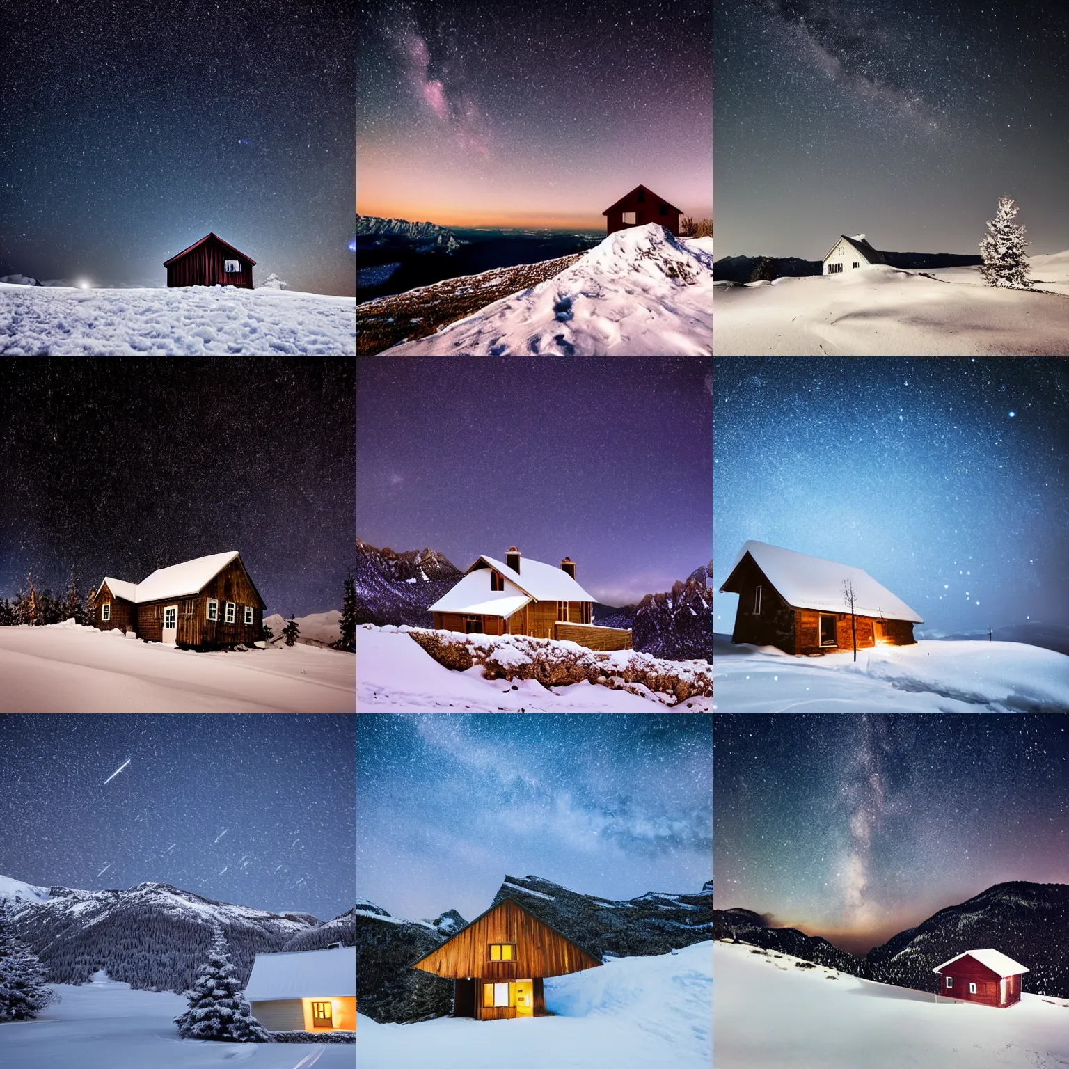 Prompt: lonely house on a snowy mountain at night, professional photography, gorgeous stars, breathtaking view