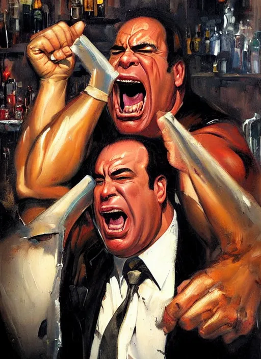 Prompt: painting by phil hale of a screaming, brutish, ogre-ish jon taffer!!! in a bar, broken glasses and drinks in the background, hulkish, towering, distressing, hd, high quality, visible texture and brush strokes