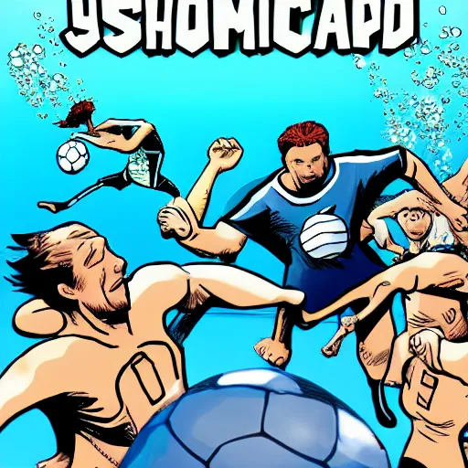 Image similar to underwater soccer championship, comic book style