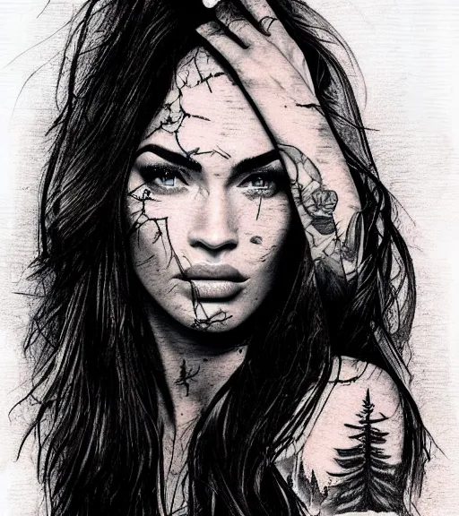 Image similar to realism tattoo sketch of a megan fox face double exposure effect with mountain scenery, in the style of matteo pasqualin, amazing detail, sharp, faded