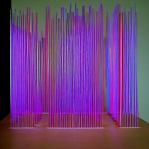 Image similar to Kinetic sculpture. a series of vertical stripes in different colors. neon purple by Hirohiko Araki uneven