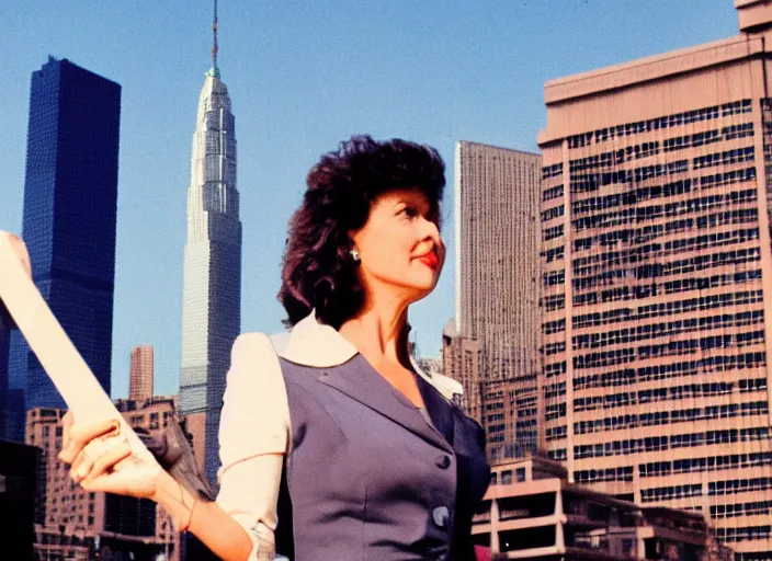 Prompt: color photo of a business woman in the 8 0's. skyscrapers in the background