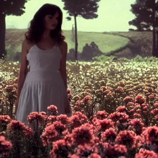 Prompt: movie still of the girl with the flowers head, cinematic composition, cinematic light, by edgar wright and david lynch