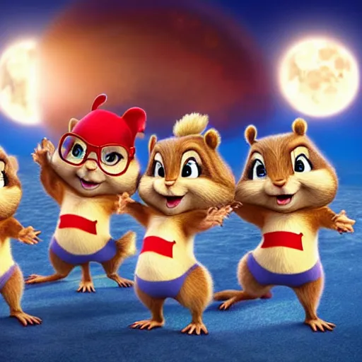 Image similar to alvin and the chipmunks live action sequel where they go to the moon and team up with soldiers in space