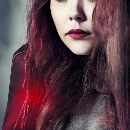Image similar to Elizabeth Olsen as the Scarlet Witch in emo attire and emo makeup, trending on artstation, gloomy atmosphere, photorealistic facial features, 4k, 8k
