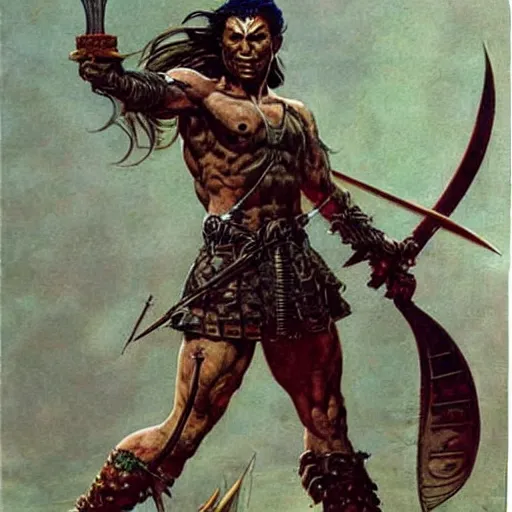 Image similar to warrior holding sword aloft. Fantasy artwork by Moebius and Frank Frazetta