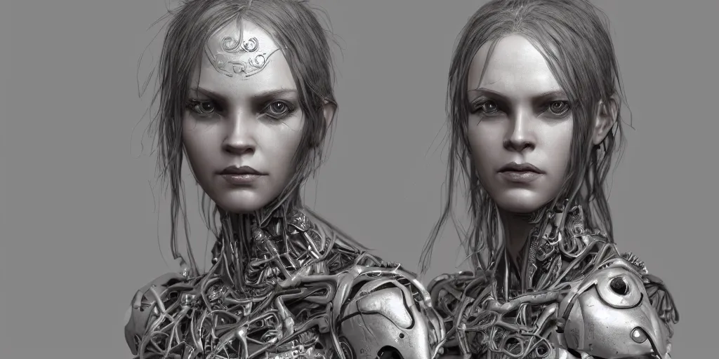 Image similar to photorealistic gorgeous symmetrical female cyborg, holding intimately, highly detailed, intricate detailing, in the style of, beth cavener, jin kagetsu, wlop, masterpiece, concept art, high key lighting, ambient lighting, octane render, 8 k, artstation
