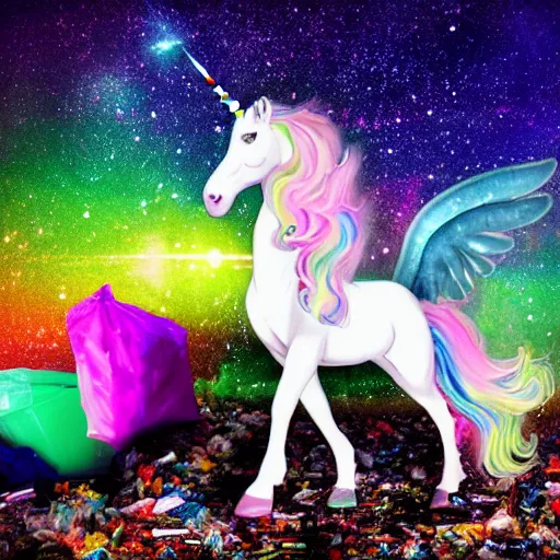 Prompt: 8 k capture scan of a iridescent unicorn with wings dancing in a garbage dump, the sky has the milky way, high textured, conceptual, photorealistic, illustration sharp