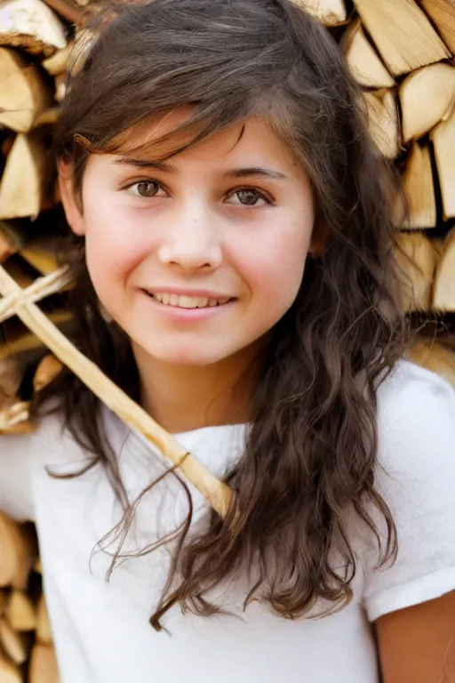 Image similar to close up headshot of a middle-school girl with brown eyes and unkempt wavy short brown hair wearing a white dress and holding a bundle of firewood, high resolution film still, 8k, HDR color, short hair, round face, dimples, beautiful gazing eyes