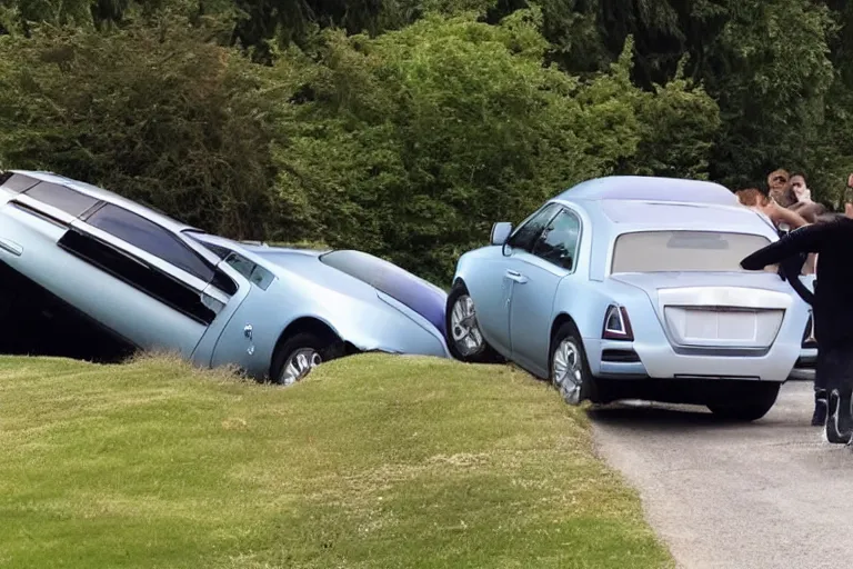 Image similar to Group of teenagers push Rolls-Royce into lake from small slide