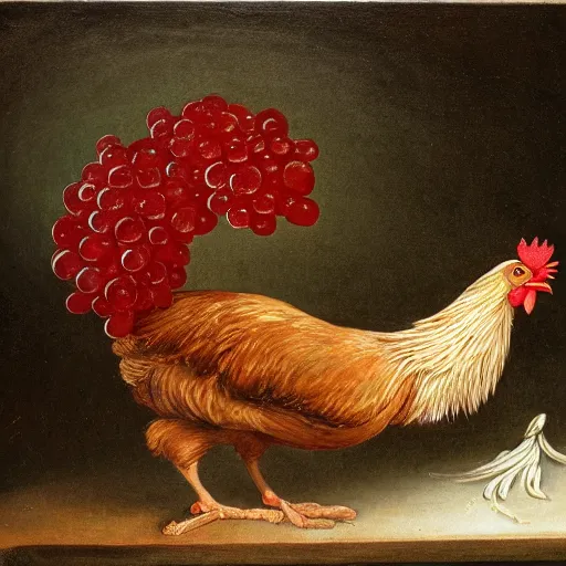 Prompt: a chicken eating a grape