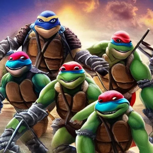 Prompt: teenage mutant ninja turtles, but the turtles are hyenas