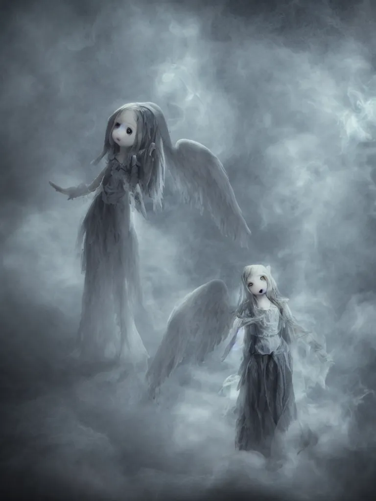 Image similar to cute fumo plush gothic angel maiden girl in hood ghost wraith making an apparition in an abandoned church, fallen angel, wisps of smoke and glowing volumetric fog, vignette, vray