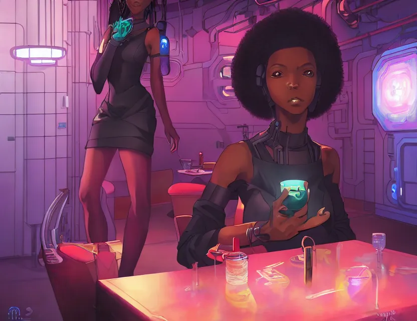 Prompt: black - skinned scifi princess in a deep sea cafe, wearing a lovely dress with cyberpunk elements. this oil painting by the award - winning mangaka has an interesting color scheme and impeccable lighting.