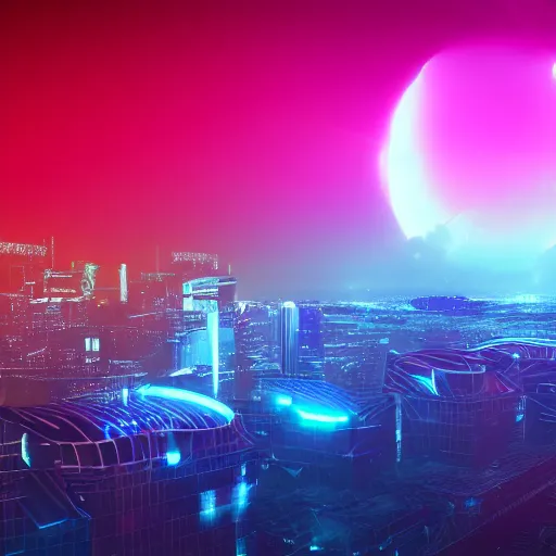 Image similar to neon sci - fi city, futuristic, neon colours, high saturation, high def, 8 k, hd, two moons on night sky,