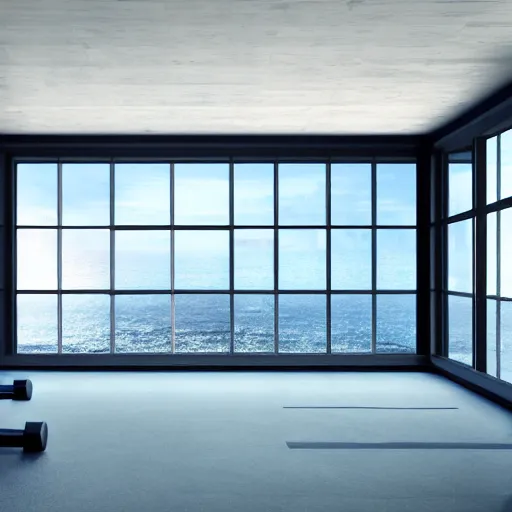 Image similar to brutalist workout gym, big windows, showing sea landscape on background, minimalist architecture, gym furniture, octane render, high quality, 8 k, post production