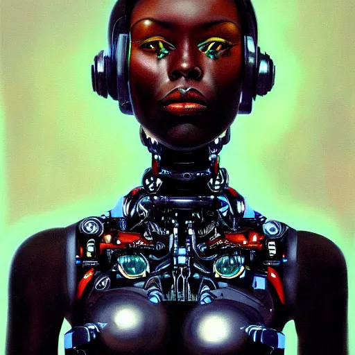 Image similar to a realistic oil painting of a black woman as a cybernetic cyborg, surrealism portrait, surrealism album cover