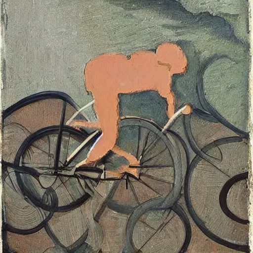 Prompt: a cyclops riding a bike falling down a ravine, modern art