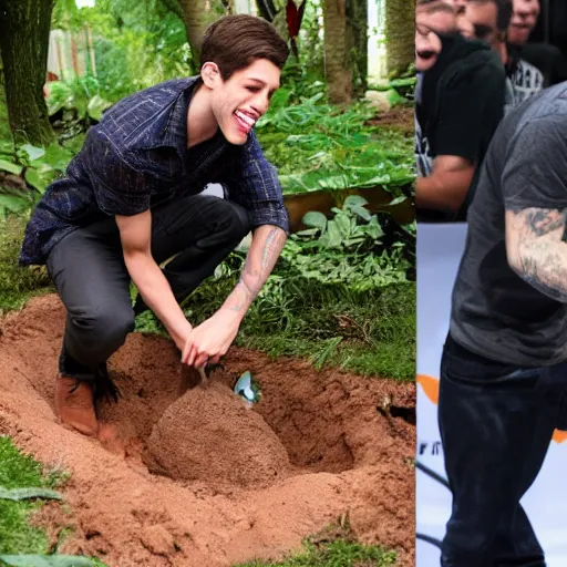 Image similar to pete davidson gleefully pulling a rabbit out of a hole