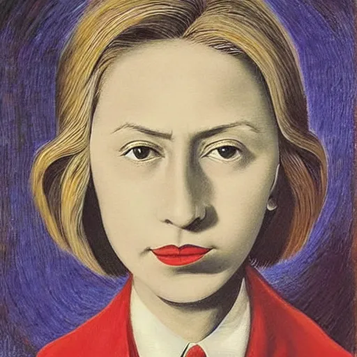 Image similar to very very beautiful surreal detailed portrait of young hillary clinton, painted by max ernst